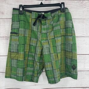 Prana Hybrid Board‎ Shorts UPF 50+ Swim Trunks Green Geometric Mens Size 32